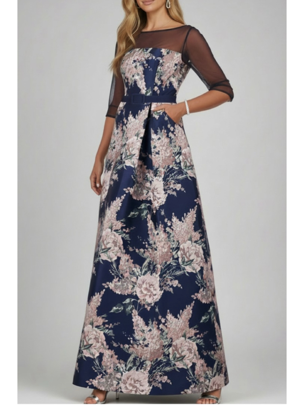 NWT KAY UNGER Heather Navy Floral Belted Pocket Lined Gown Dress Size 8 - Picture 1 of 6